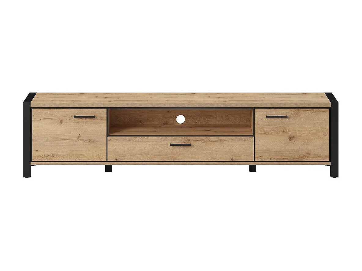 Meuble TV XL 210cm collection TIVORA. Couleur chêne et noir. 2 portes et 1 tiroir.