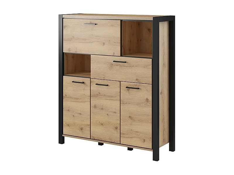 Buffetkast 4 deuren en 1 lade collectie TIVORA. Kleur eiken en zwart. LED inbegrepen