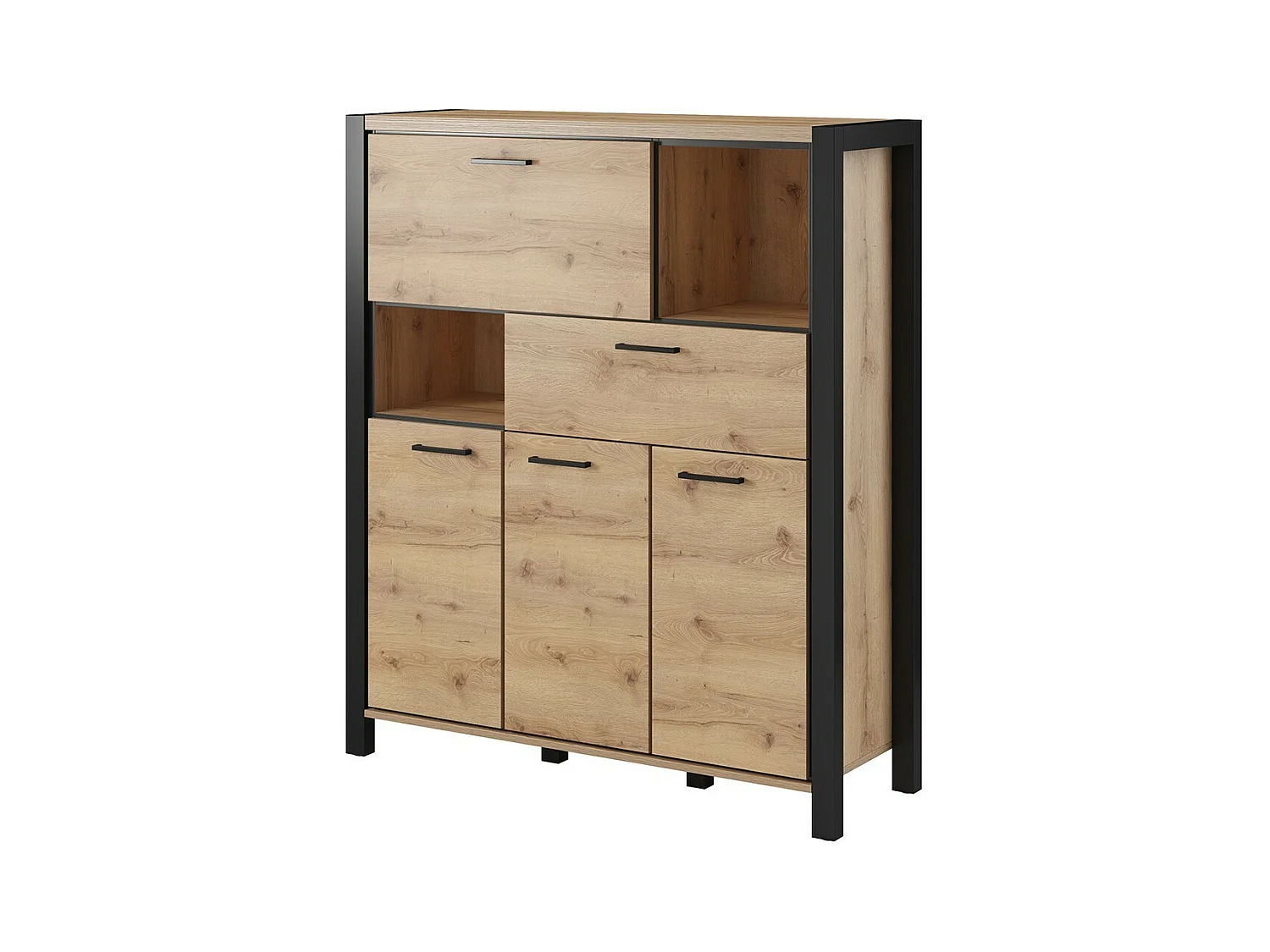 Vaisselier 4 portes et 1 tiroir collection TIVORA. Couleur chêne et noir. LED incluses