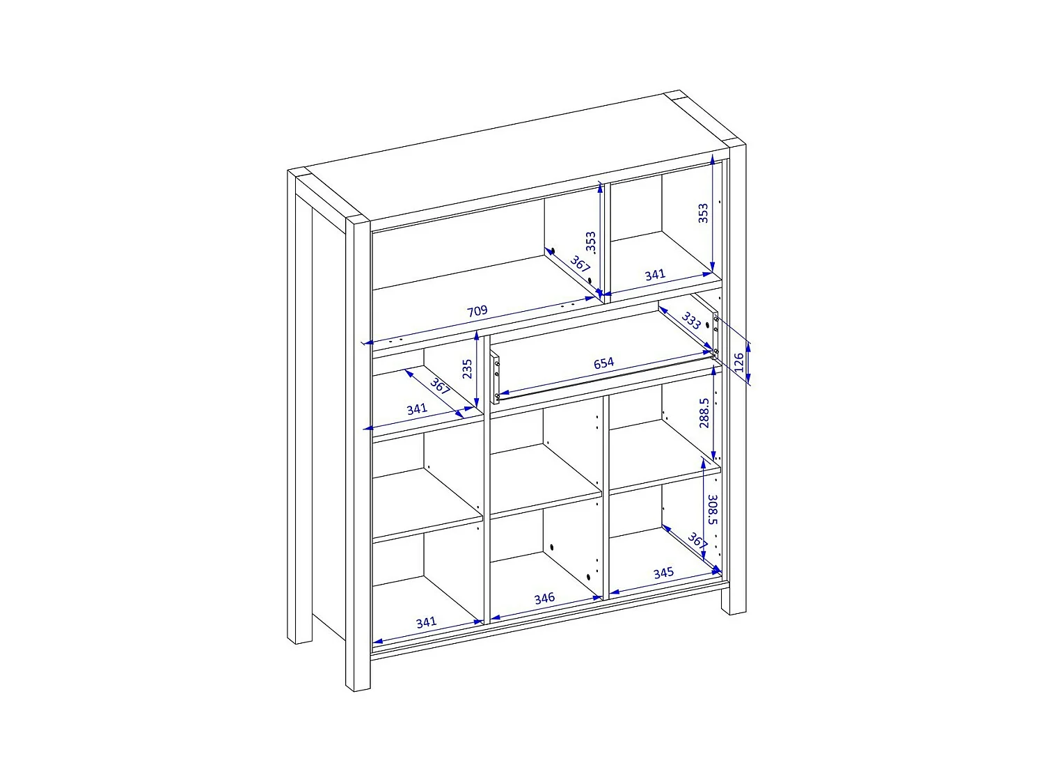 Vaisselier 4 portes et 1 tiroir collection TIVORA. Couleur chêne et noir. LED incluses