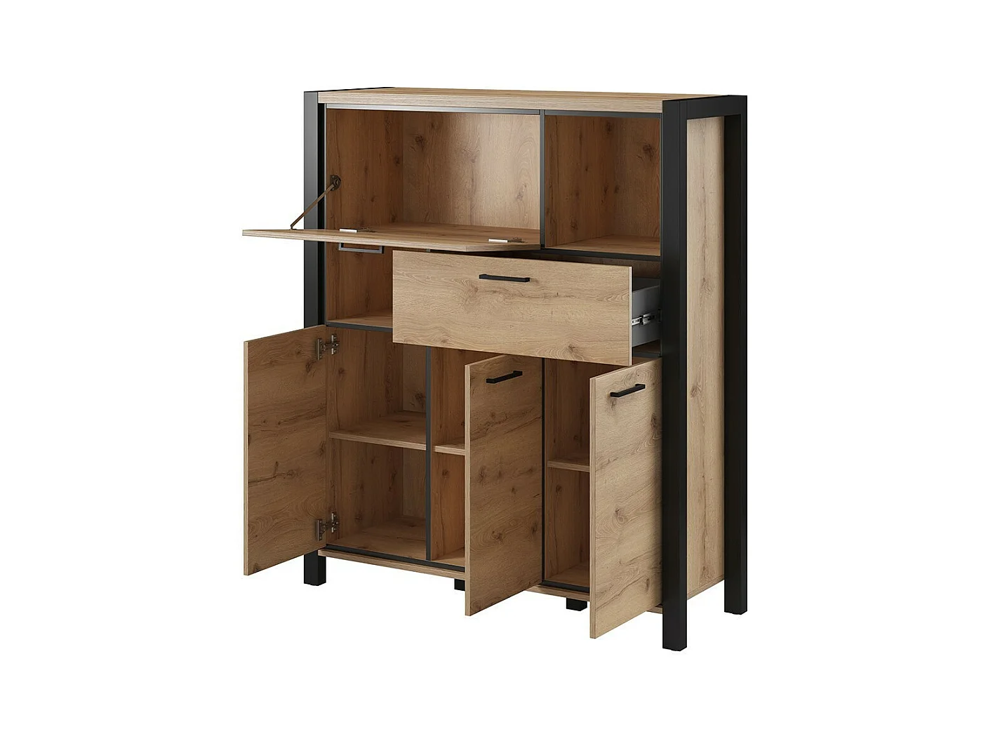 Vaisselier 4 portes et 1 tiroir collection TIVORA. Couleur chêne et noir. LED incluses