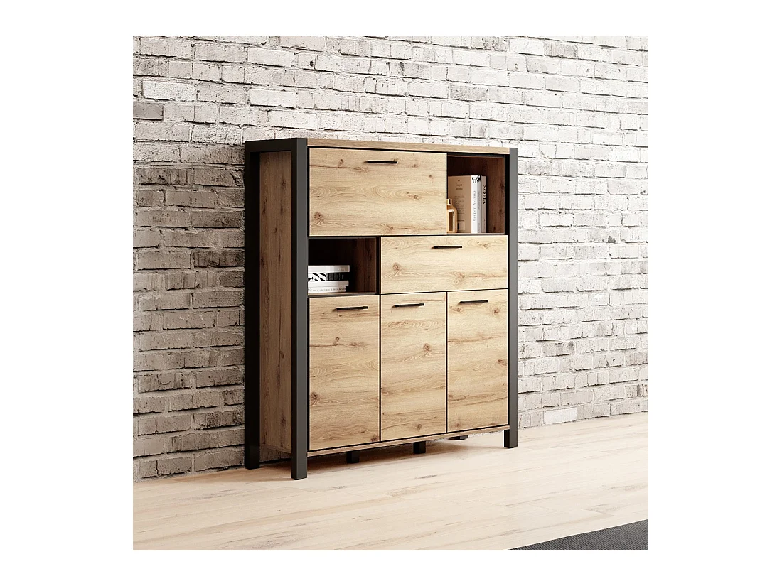 Vaisselier 4 portes et 1 tiroir collection TIVORA. Couleur chêne et noir. LED incluses