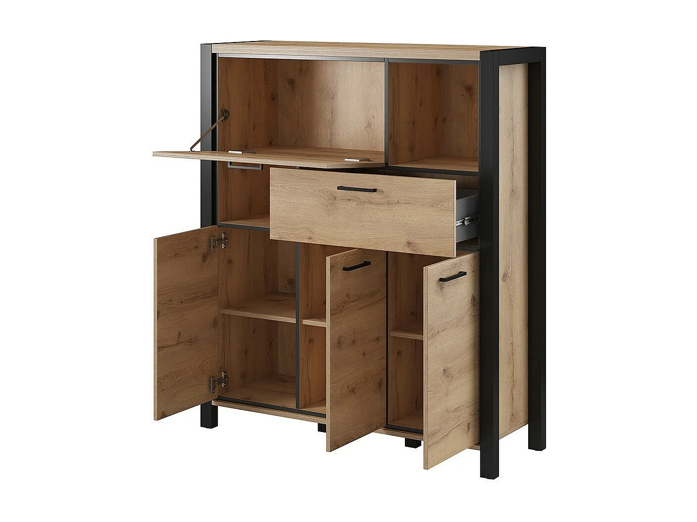 Vaisselier 4 portes et 1 tiroir collection TIVORA. Couleur chêne et noir. LED incluses
