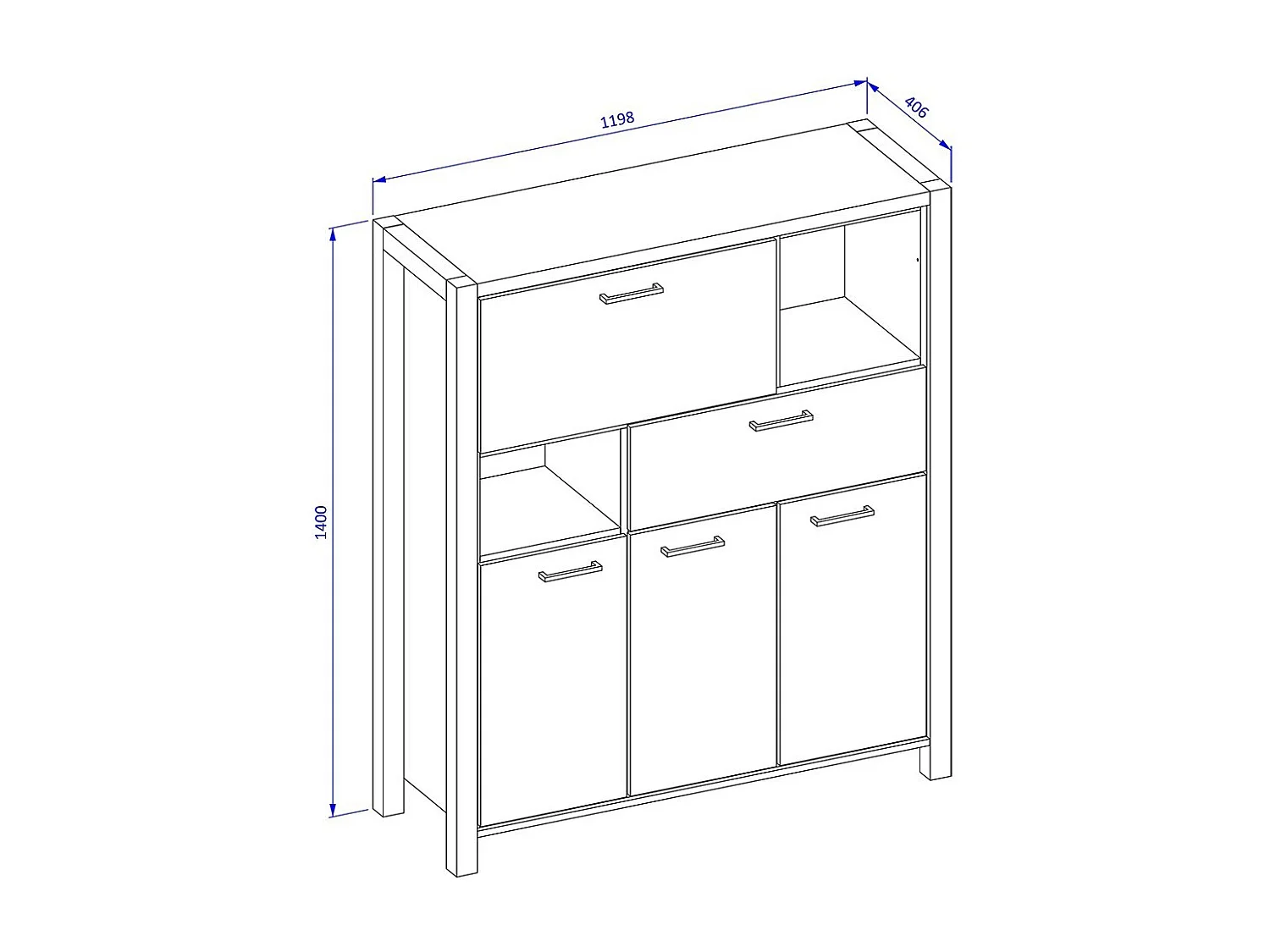 Vaisselier 4 portes et 1 tiroir collection TIVORA. Couleur chêne et noir. LED incluses