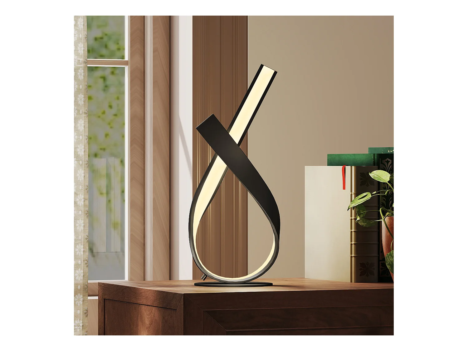 Lampe à poser design contemporain - lampe de table design spirale - dim. 21L x 15l x 43H cm - alu. noir LED blanc chaud