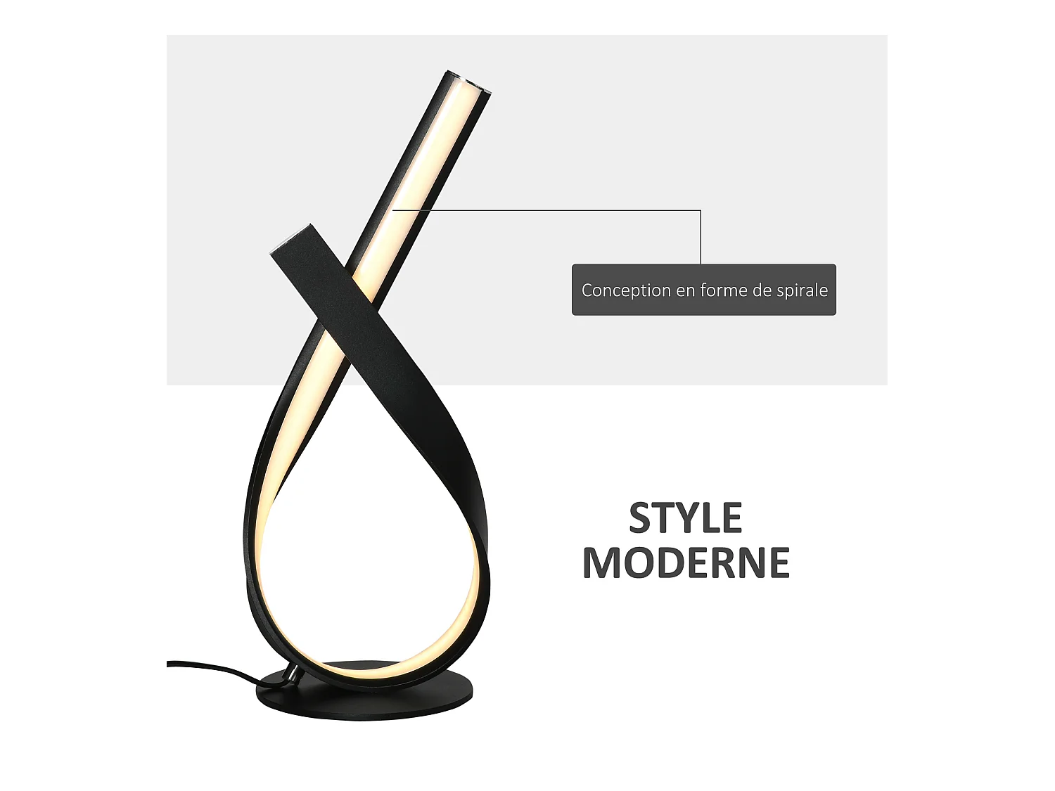 Lampe à poser design contemporain - lampe de table design spirale - dim. 21L x 15l x 43H cm - alu. noir LED blanc chaud
