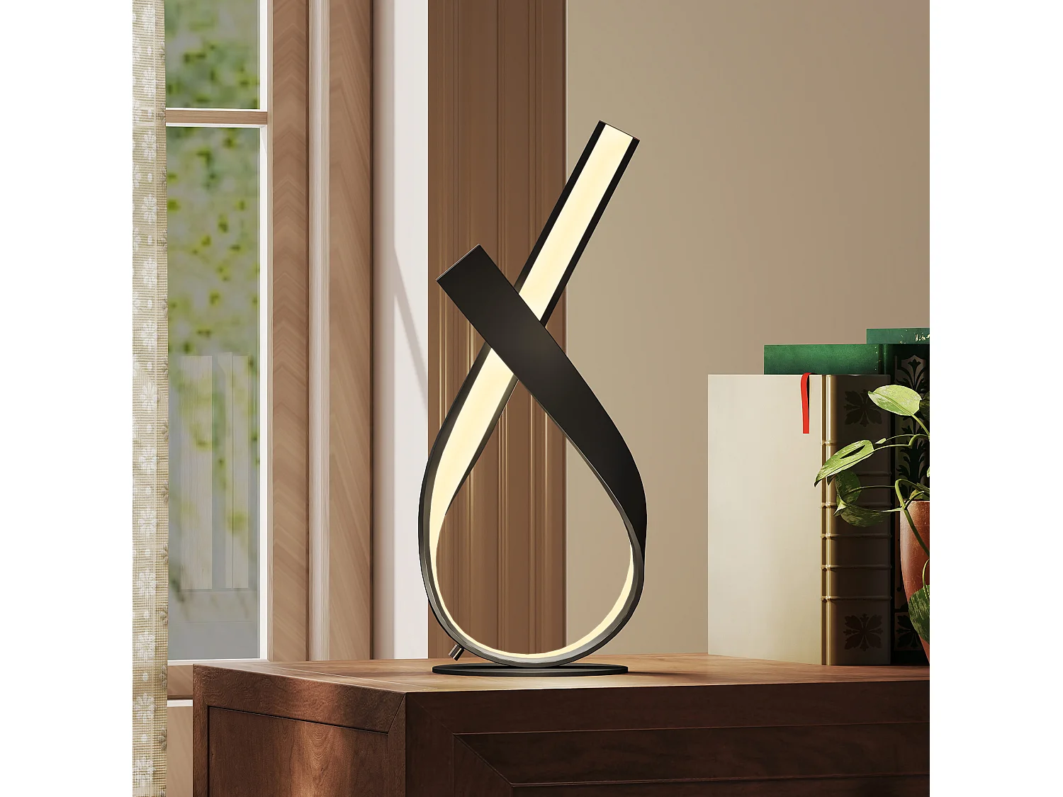 Lampe à poser design contemporain - lampe de table design spirale - dim. 21L x 15l x 43H cm - alu. noir LED blanc chaud