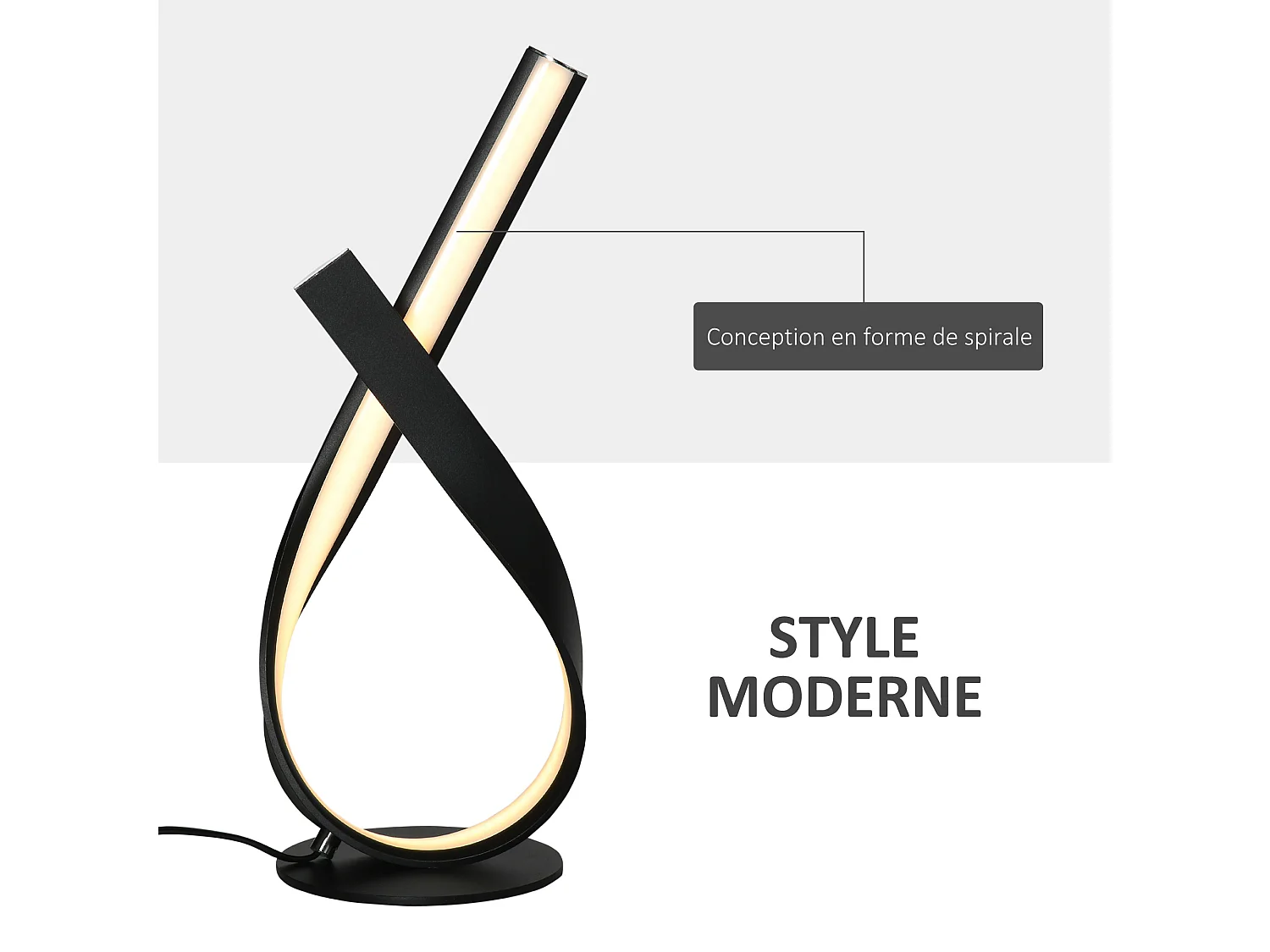 Lampe à poser design contemporain - lampe de table design spirale - dim. 21L x 15l x 43H cm - alu. noir LED blanc chaud