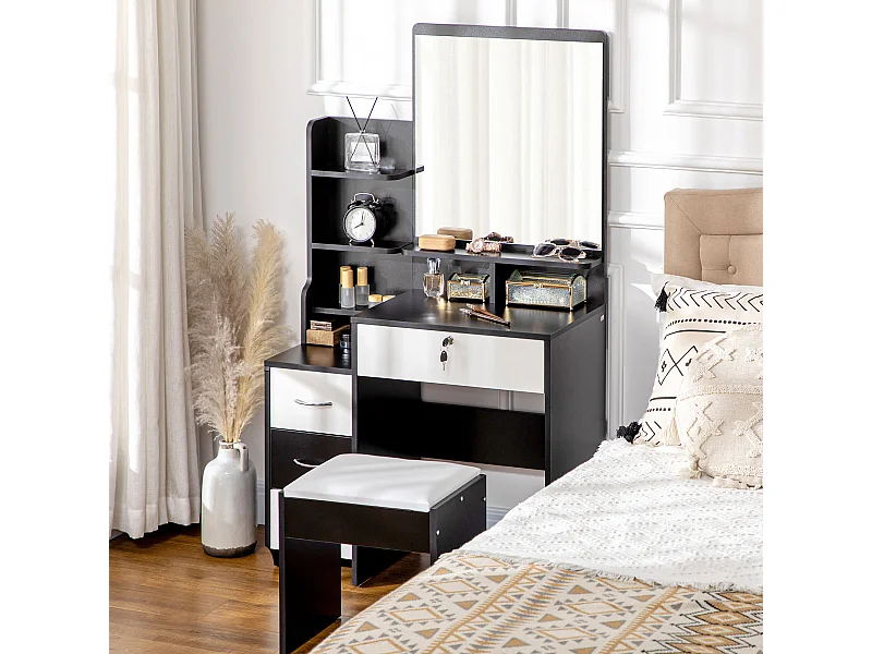 Ensemble coiffeuse tabouret design contemporain multi-rangement 4 tiroirs 4 étagères grand miroir noir blanc