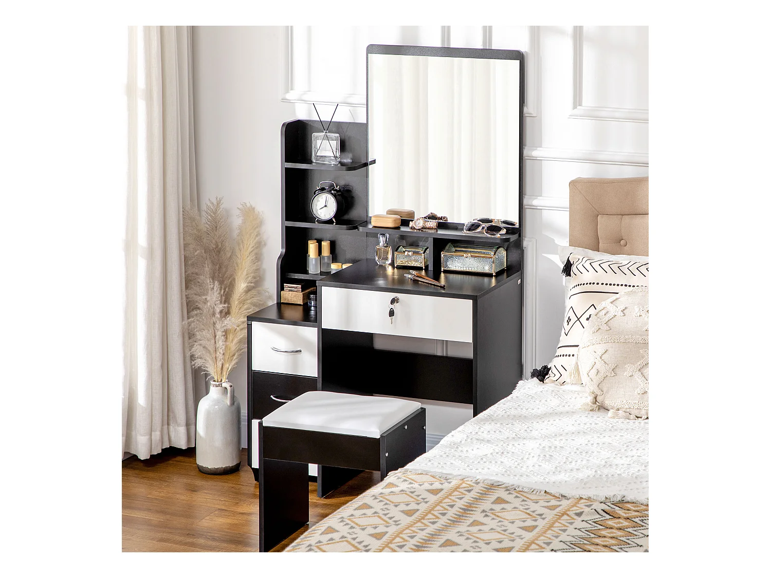 Ensemble coiffeuse tabouret design contemporain multi-rangement 4 tiroirs 4 étagères grand miroir noir blanc