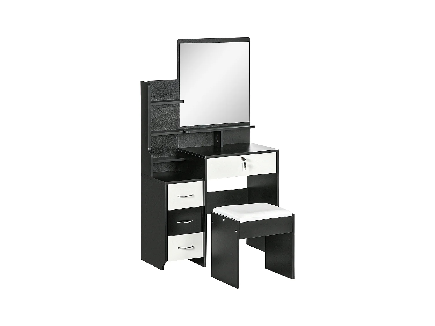 Ensemble coiffeuse tabouret design contemporain multi-rangement 4 tiroirs 4 étagères grand miroir noir blanc