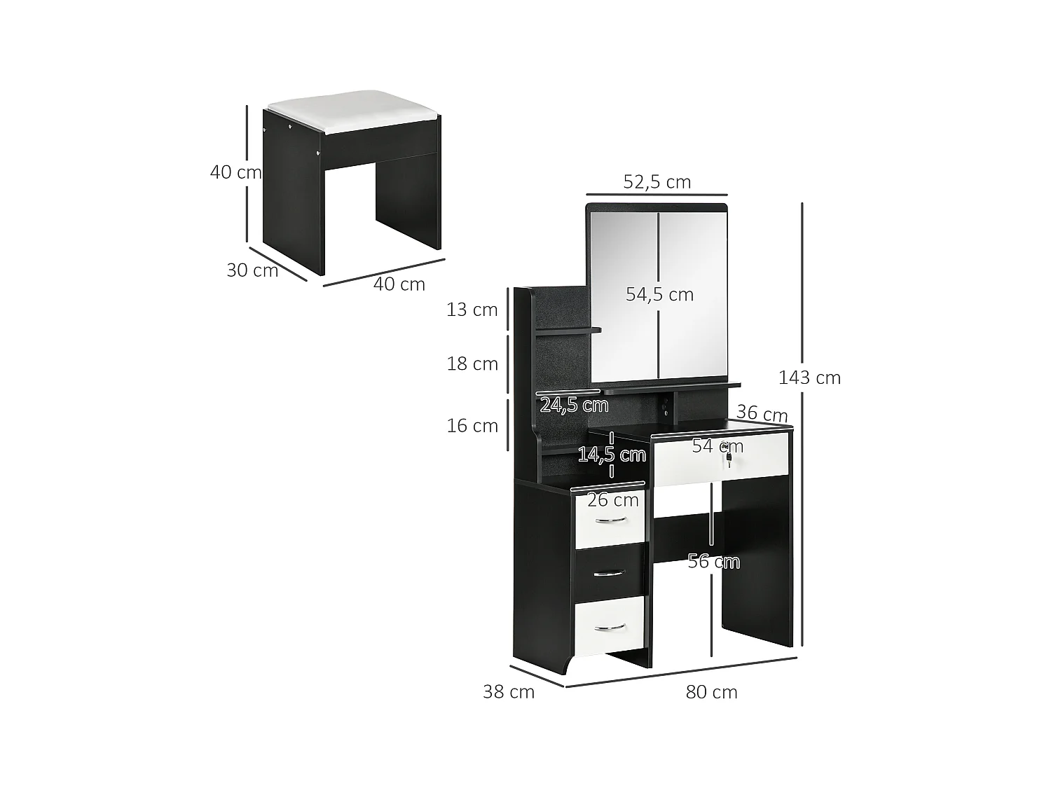 Ensemble coiffeuse tabouret design contemporain multi-rangement 4 tiroirs 4 étagères grand miroir noir blanc