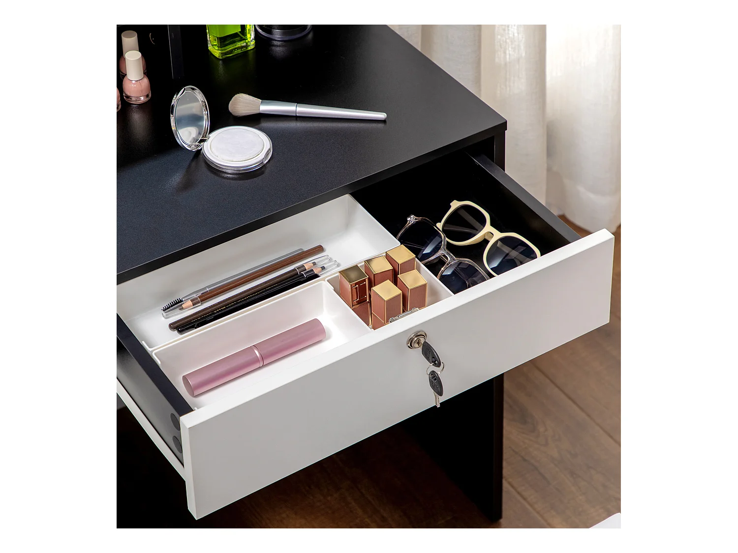 Ensemble coiffeuse tabouret design contemporain multi-rangement 4 tiroirs 4 étagères grand miroir noir blanc