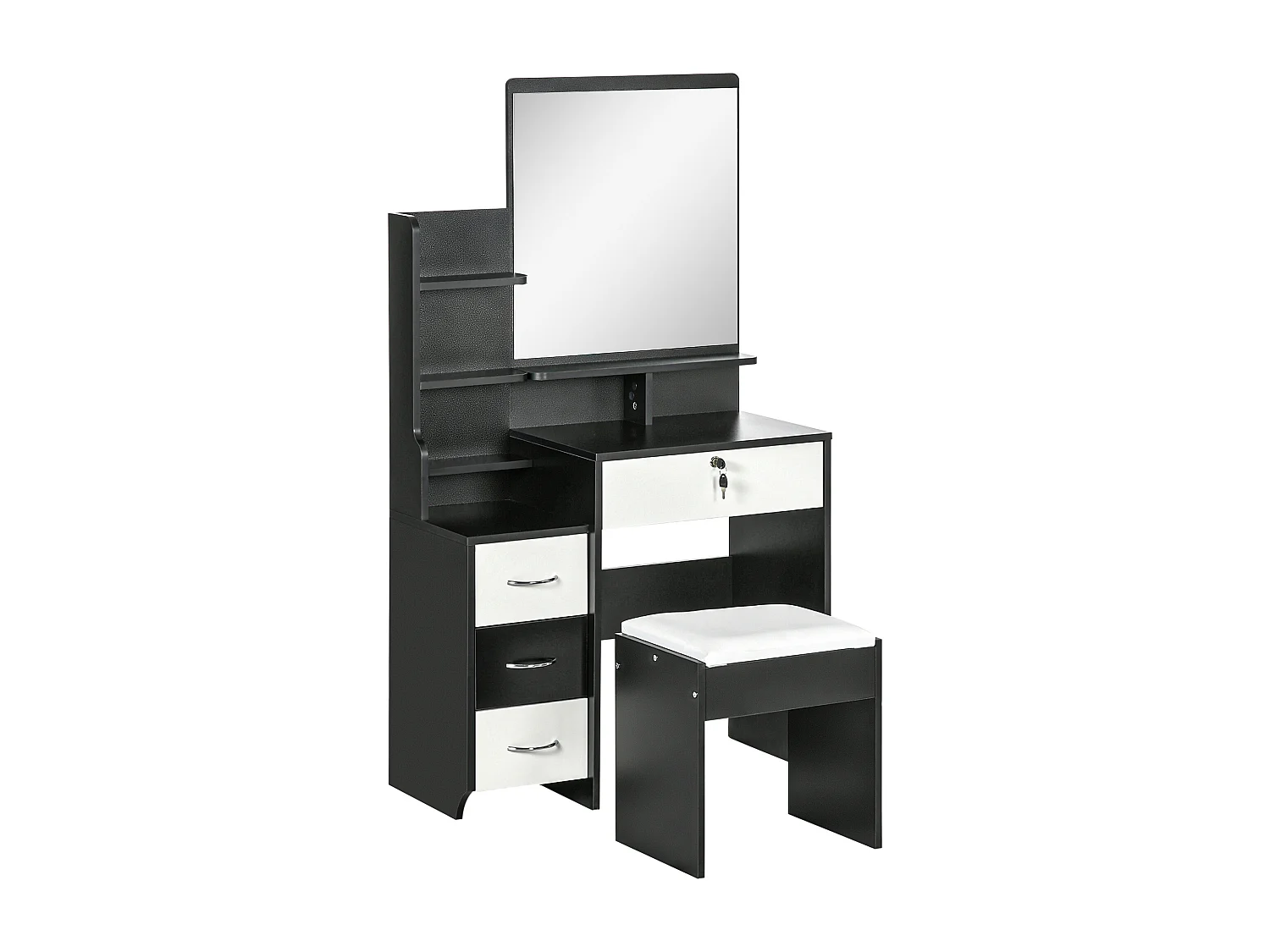 Ensemble coiffeuse tabouret design contemporain multi-rangement 4 tiroirs 4 étagères grand miroir noir blanc