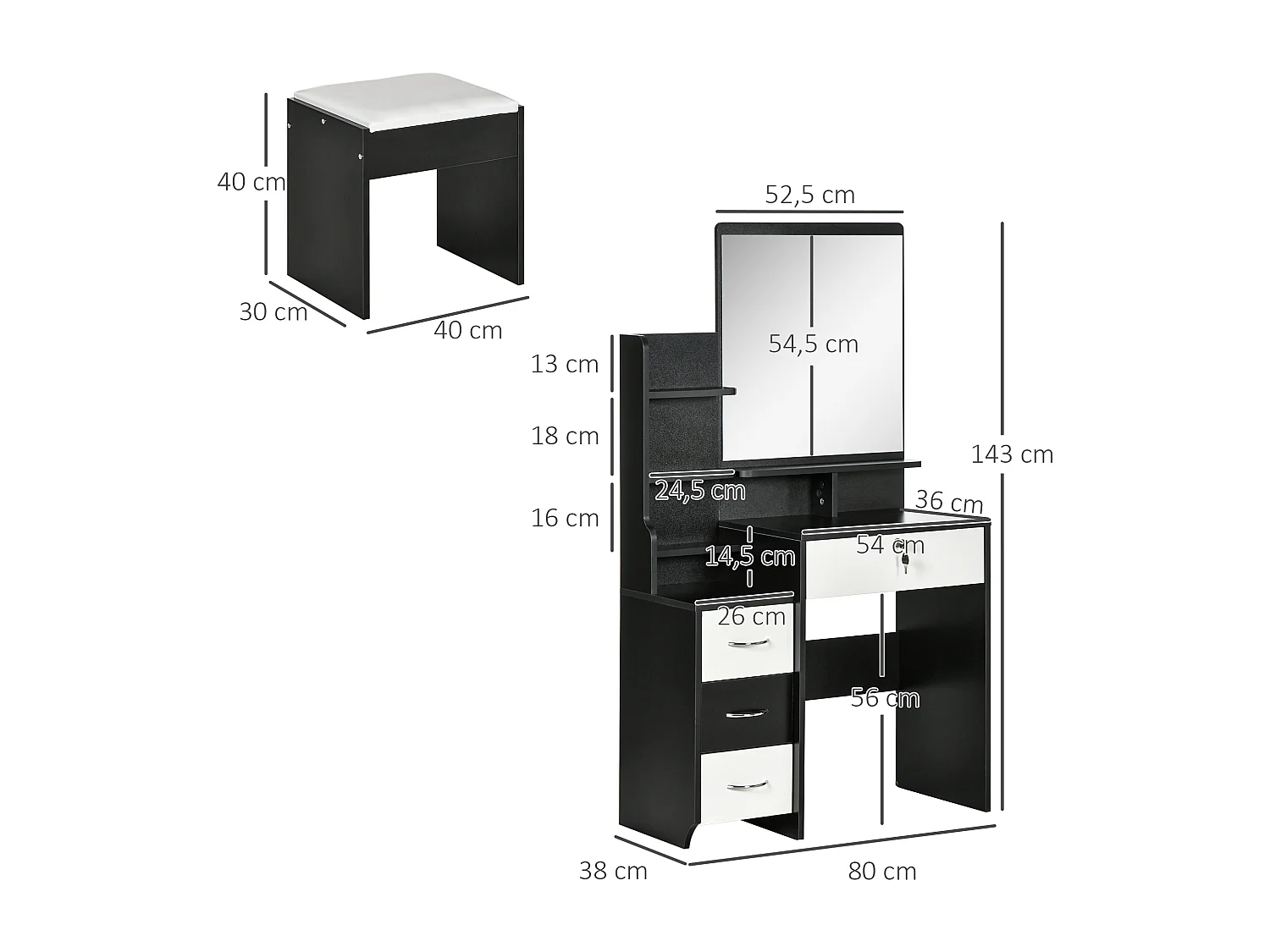 Ensemble coiffeuse tabouret design contemporain multi-rangement 4 tiroirs 4 étagères grand miroir noir blanc