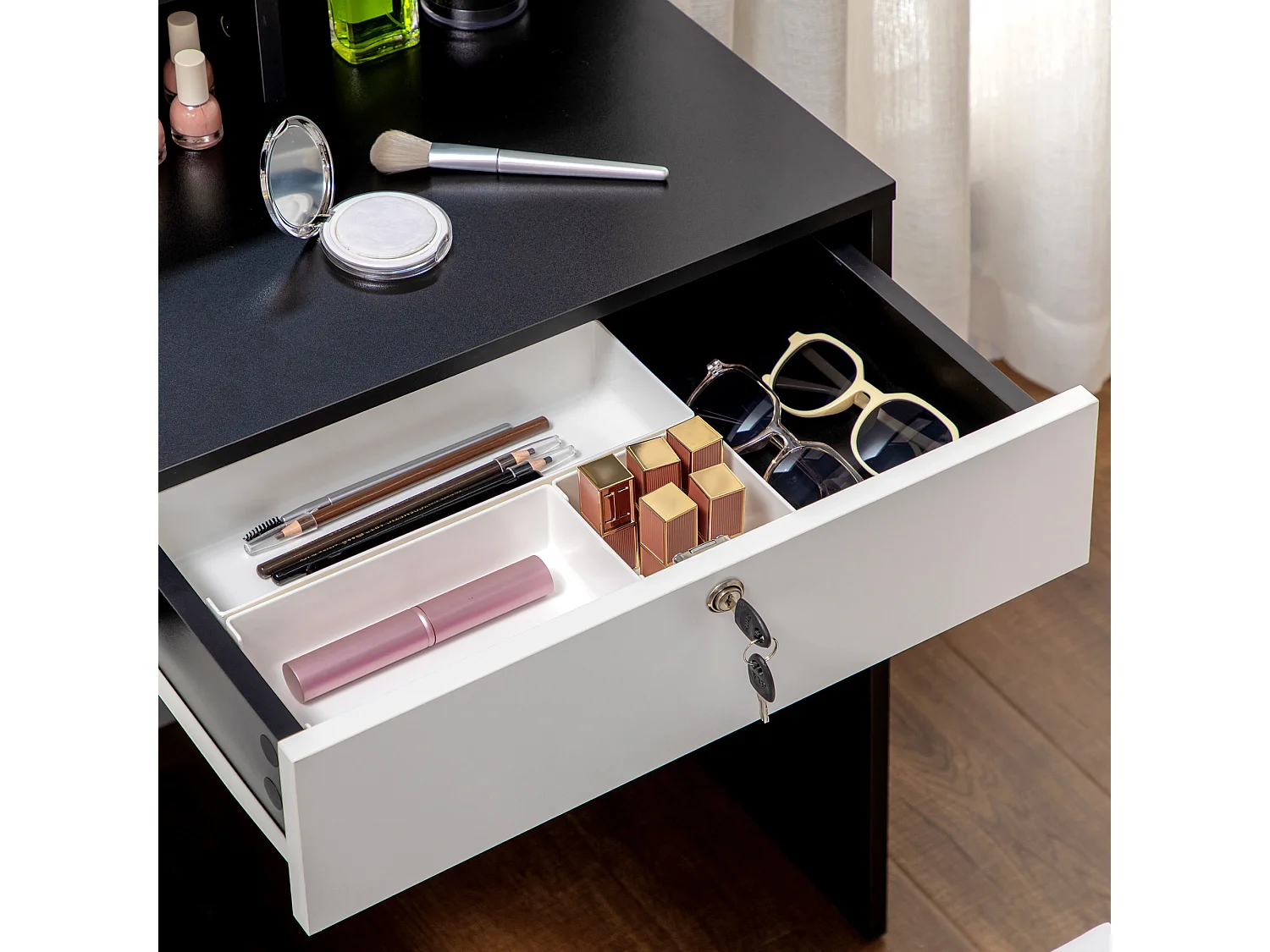Ensemble coiffeuse tabouret design contemporain multi-rangement 4 tiroirs 4 étagères grand miroir noir blanc