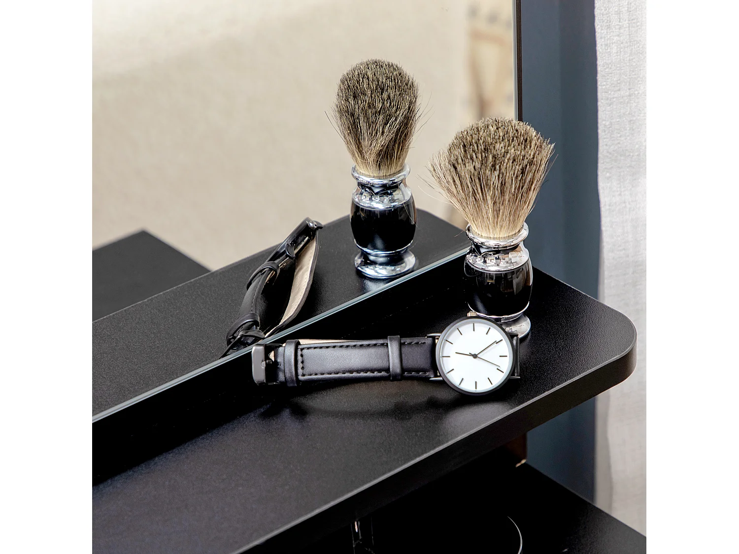 Ensemble coiffeuse tabouret design contemporain multi-rangement 4 tiroirs 4 étagères grand miroir noir blanc