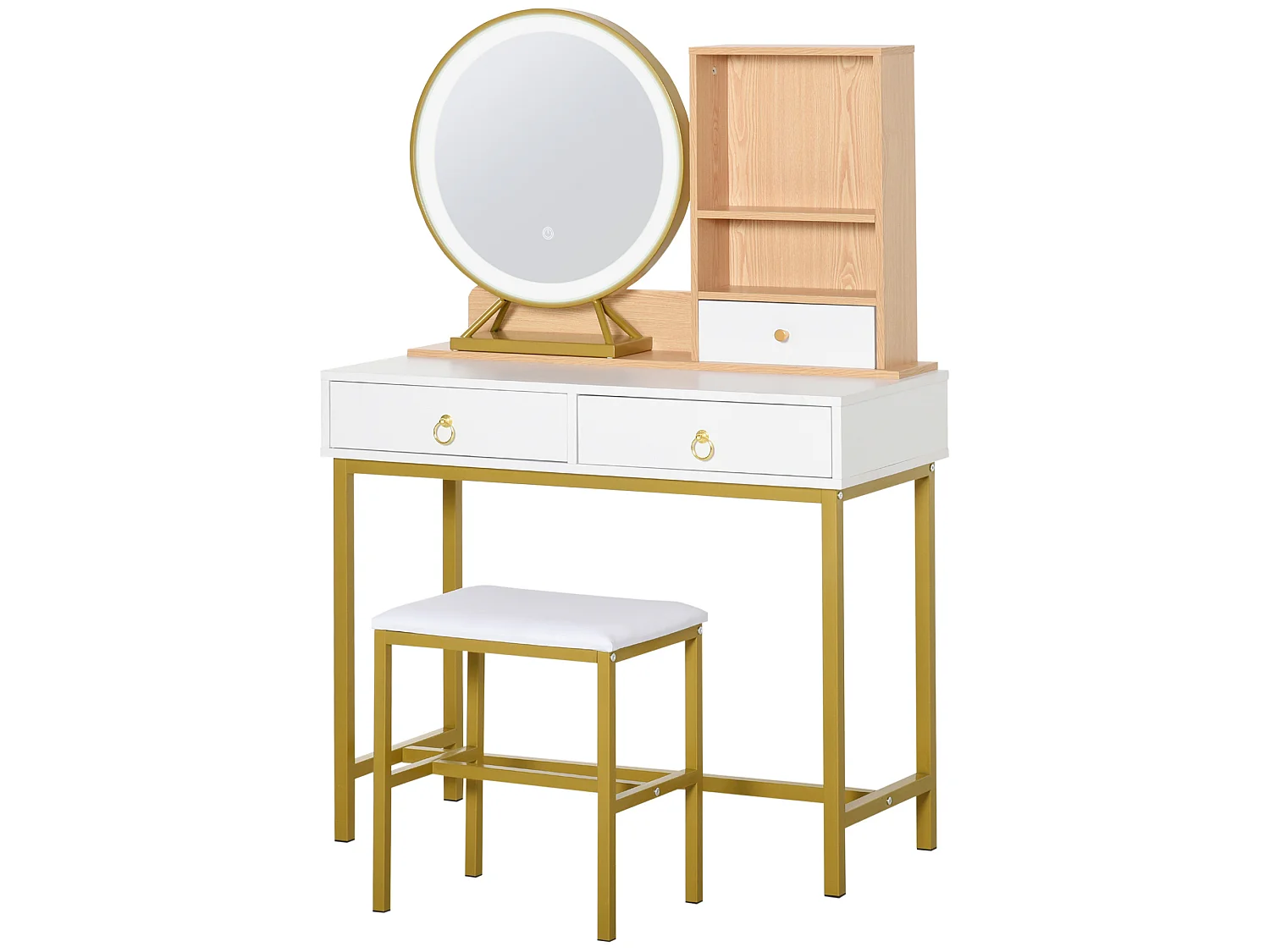 Coiffeuse design art déco - miroir LED intégré - 3 tiroirs, 2 niches - tabouret inclus - métal doré panneaux particules blanc bois clair