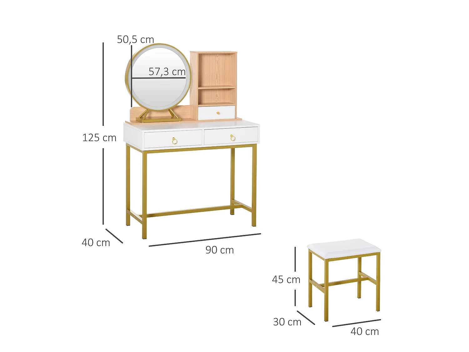 Coiffeuse design art déco - miroir LED intégré - 3 tiroirs, 2 niches - tabouret inclus - métal doré panneaux particules blanc bois clair