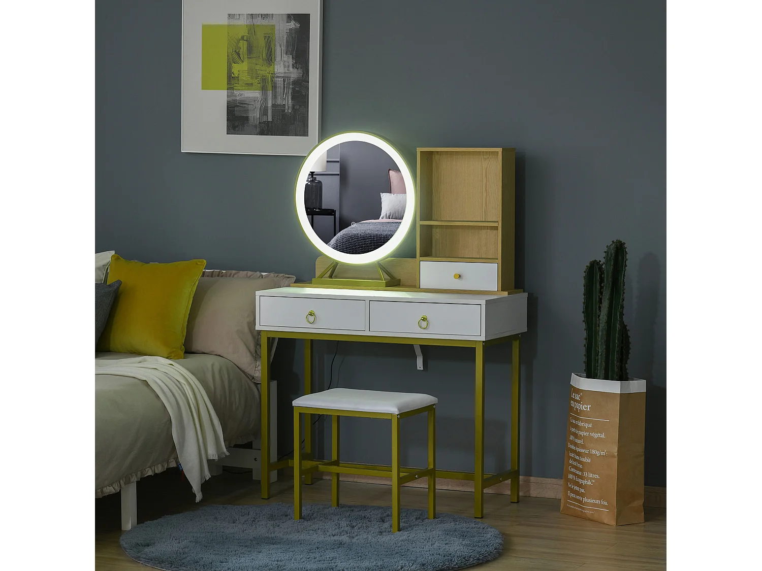 Coiffeuse design art déco - miroir LED intégré - 3 tiroirs, 2 niches - tabouret inclus - métal doré panneaux particules blanc bois clair