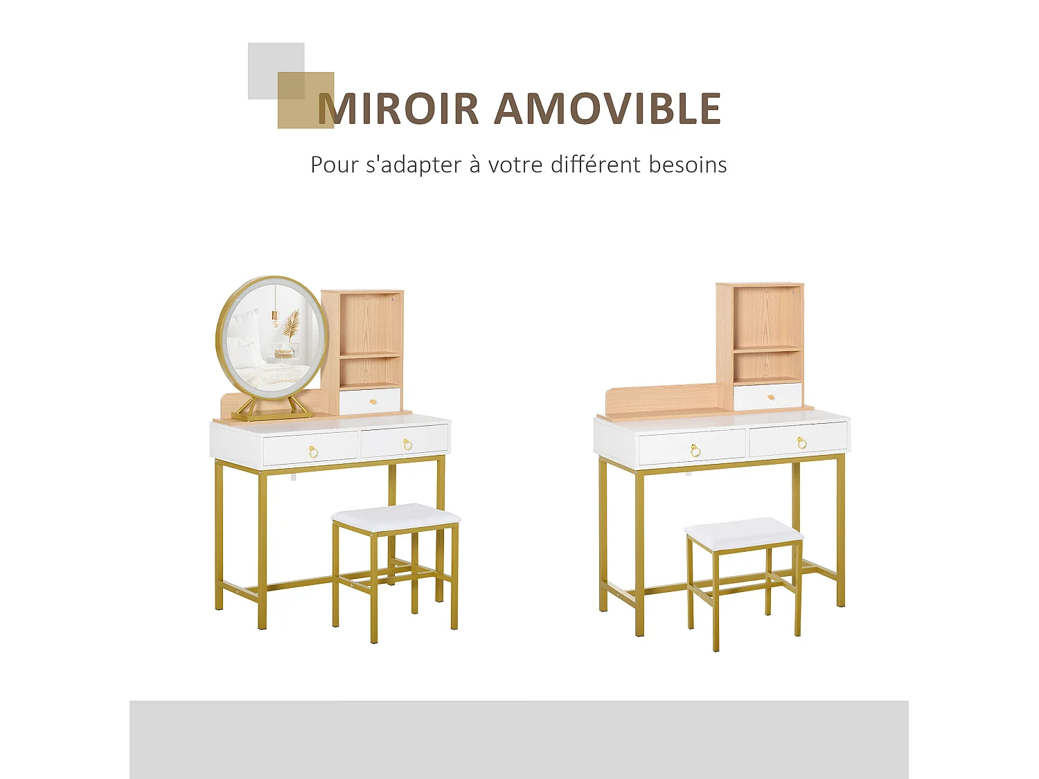 Coiffeuse design art déco - miroir LED intégré - 3 tiroirs, 2 niches - tabouret inclus - métal doré panneaux particules blanc bois clair