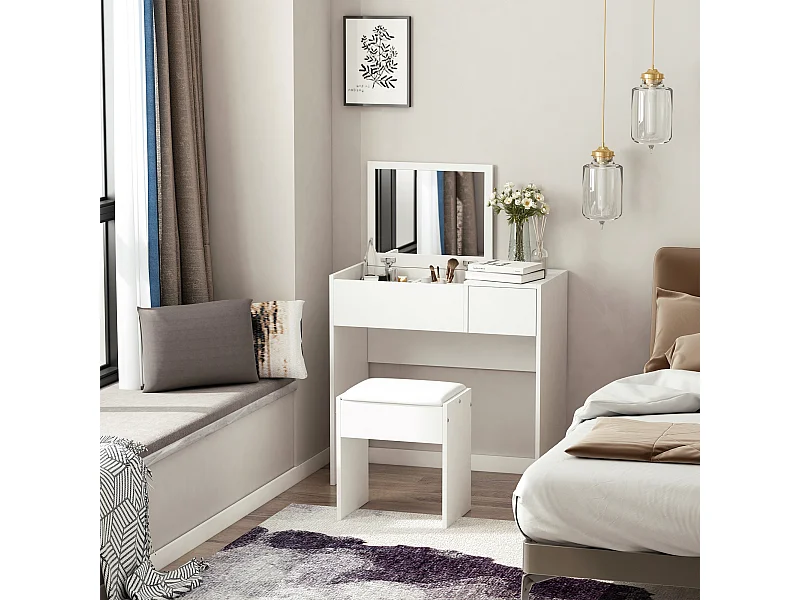 Coiffeuse table de maquillage design contemporain 80L x 40l x 79H cm miroir escamotable, tiroir, coffre + tabouret blanc