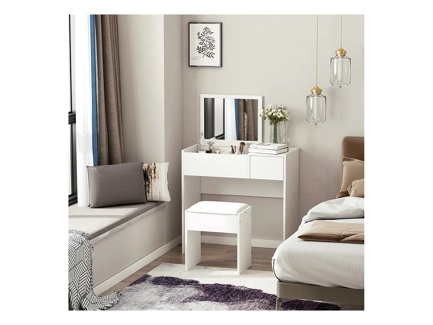 Coiffeuse table de maquillage design contemporain 80L x 40l x 79H cm miroir escamotable, tiroir, coffre + tabouret blanc