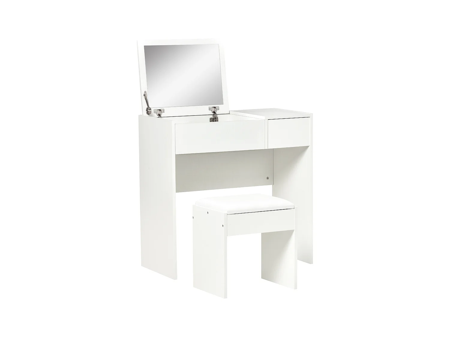 Coiffeuse table de maquillage design contemporain 80L x 40l x 79H cm miroir escamotable, tiroir, coffre + tabouret blanc