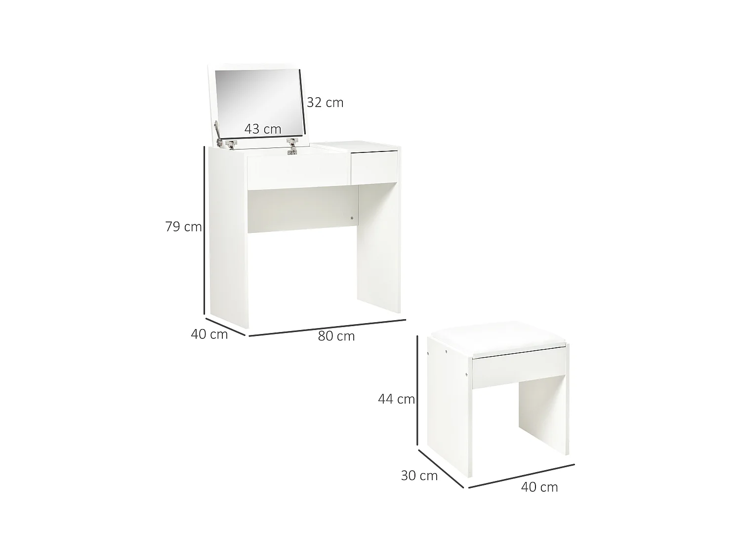 Coiffeuse table de maquillage design contemporain 80L x 40l x 79H cm miroir escamotable, tiroir, coffre + tabouret blanc