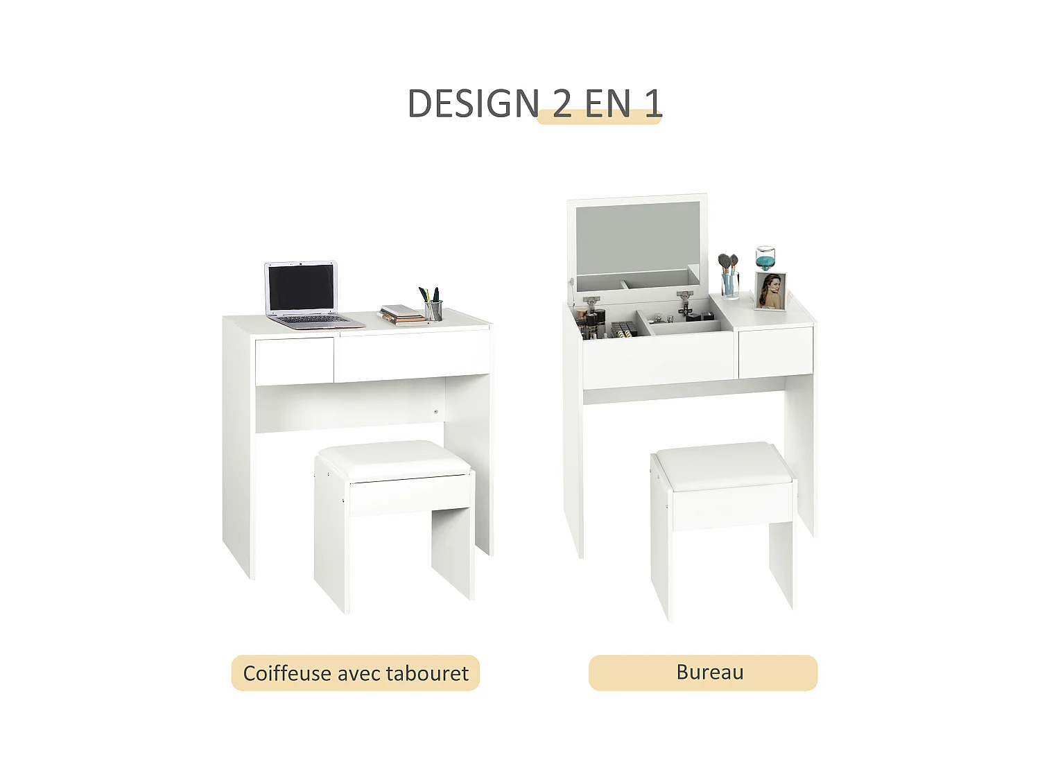 Coiffeuse table de maquillage design contemporain 80L x 40l x 79H cm miroir escamotable, tiroir, coffre + tabouret blanc