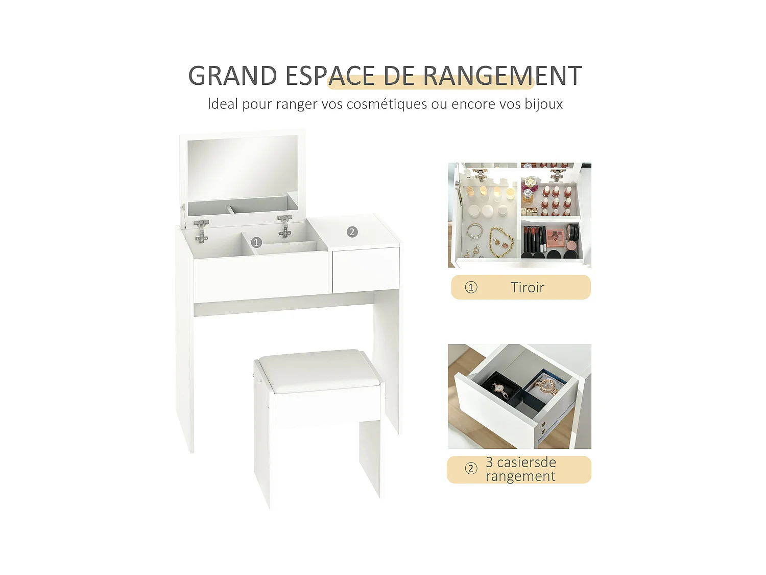 Coiffeuse table de maquillage design contemporain 80L x 40l x 79H cm miroir escamotable, tiroir, coffre + tabouret blanc