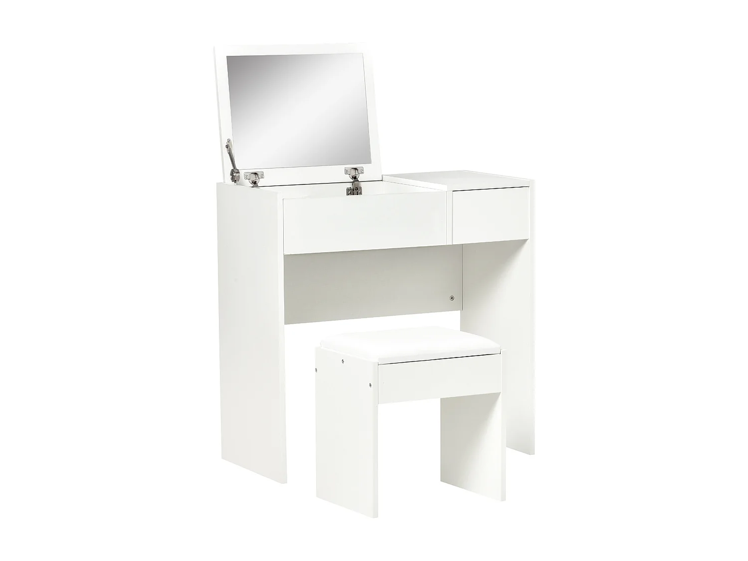Coiffeuse table de maquillage design contemporain 80L x 40l x 79H cm miroir escamotable, tiroir, coffre + tabouret blanc