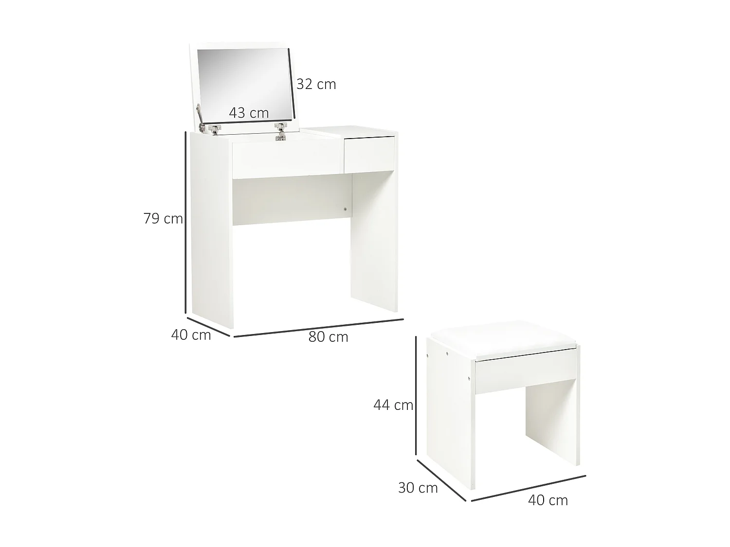 Coiffeuse table de maquillage design contemporain 80L x 40l x 79H cm miroir escamotable, tiroir, coffre + tabouret blanc