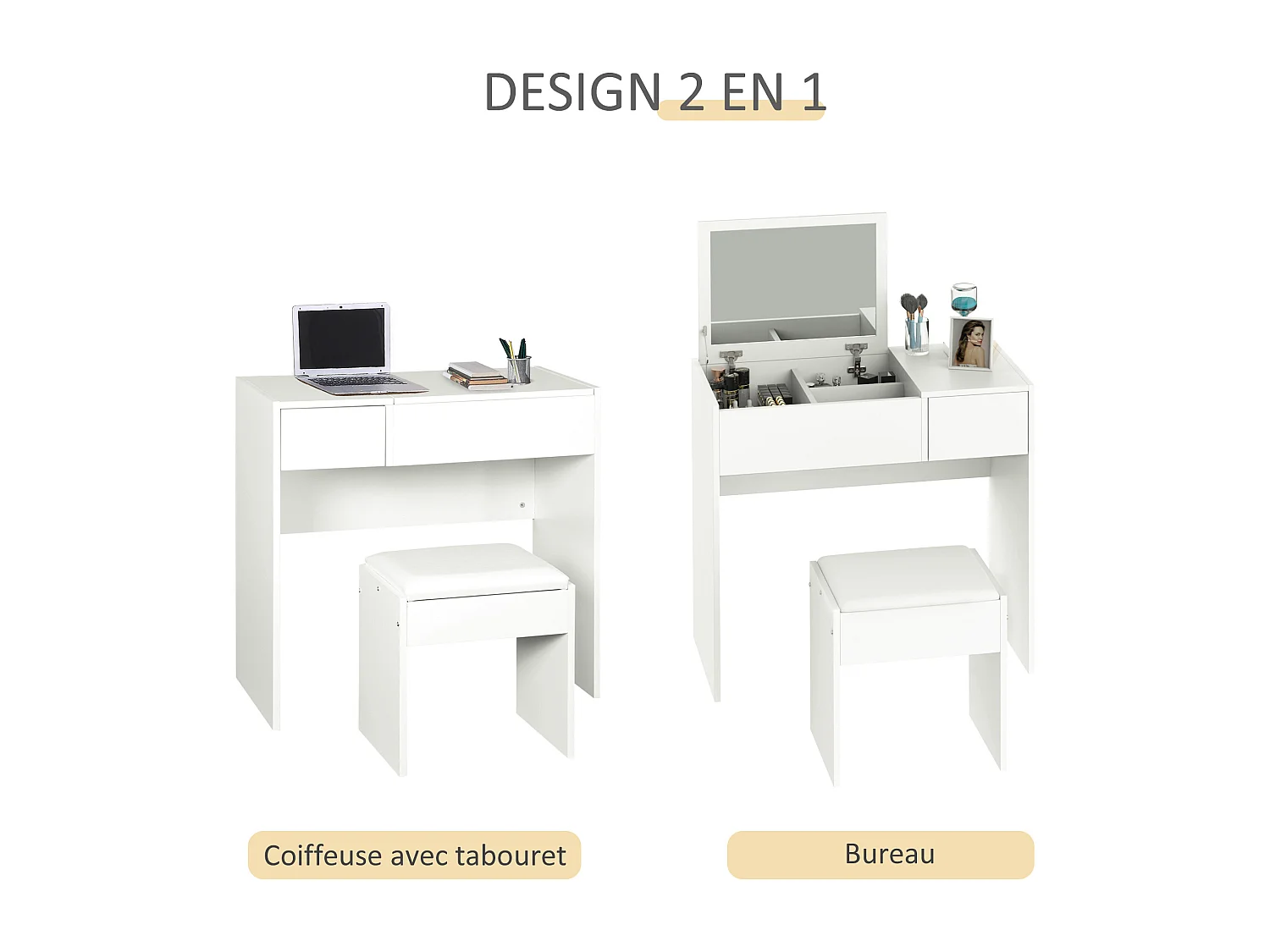 Coiffeuse table de maquillage design contemporain 80L x 40l x 79H cm miroir escamotable, tiroir, coffre + tabouret blanc