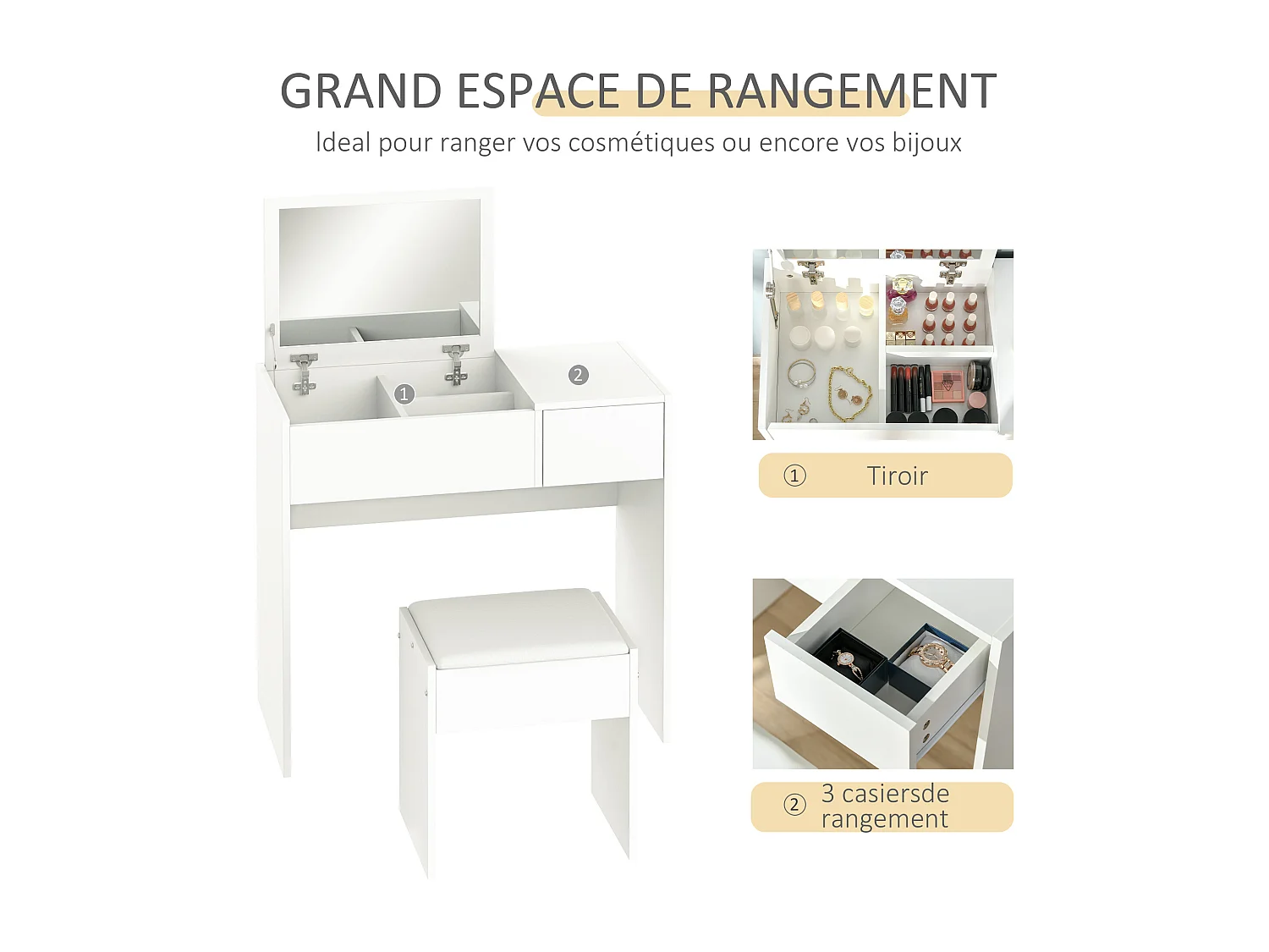 Coiffeuse table de maquillage design contemporain 80L x 40l x 79H cm miroir escamotable, tiroir, coffre + tabouret blanc