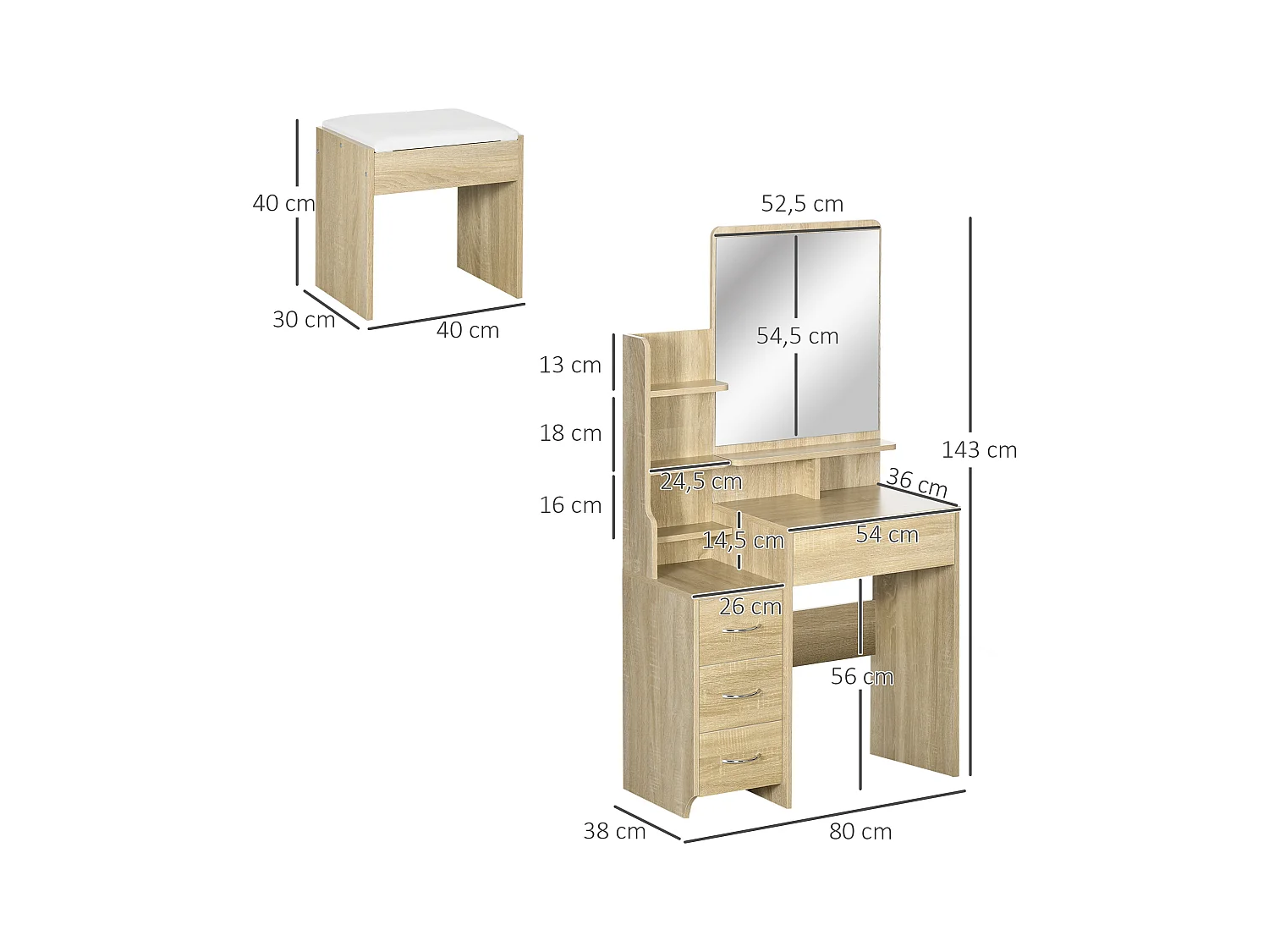 Ensemble coiffeuse tabouret design contemporain multi-rangement 4 tiroirs 4 étagères grand miroir aspect chêne clair blanc