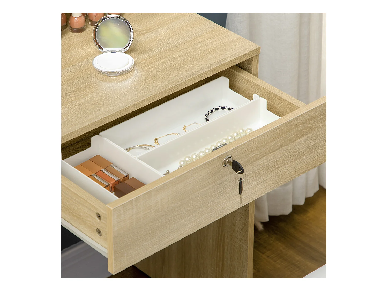 Ensemble coiffeuse tabouret design contemporain multi-rangement 4 tiroirs 4 étagères grand miroir aspect chêne clair blanc