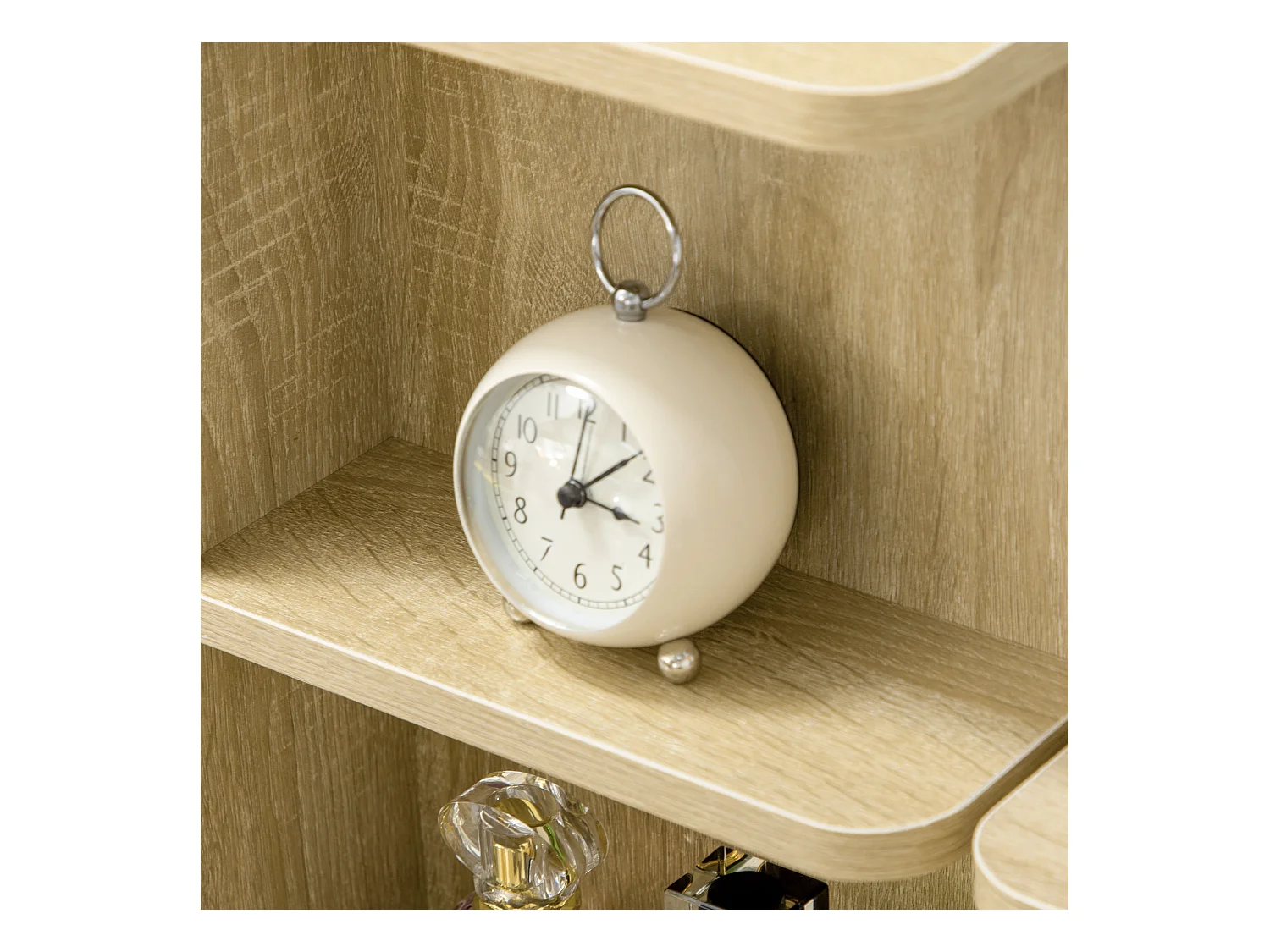 Ensemble coiffeuse tabouret design contemporain multi-rangement 4 tiroirs 4 étagères grand miroir aspect chêne clair blanc