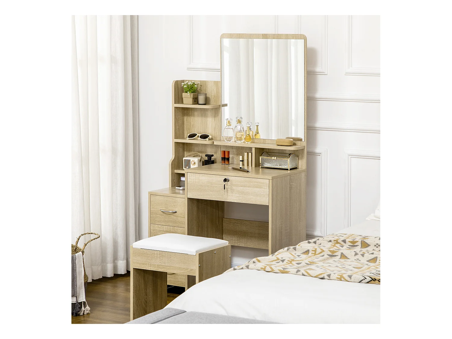 Ensemble coiffeuse tabouret design contemporain multi-rangement 4 tiroirs 4 étagères grand miroir aspect chêne clair blanc
