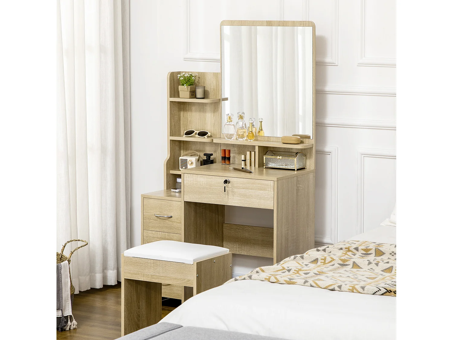 Ensemble coiffeuse tabouret design contemporain multi-rangement 4 tiroirs 4 étagères grand miroir aspect chêne clair blanc