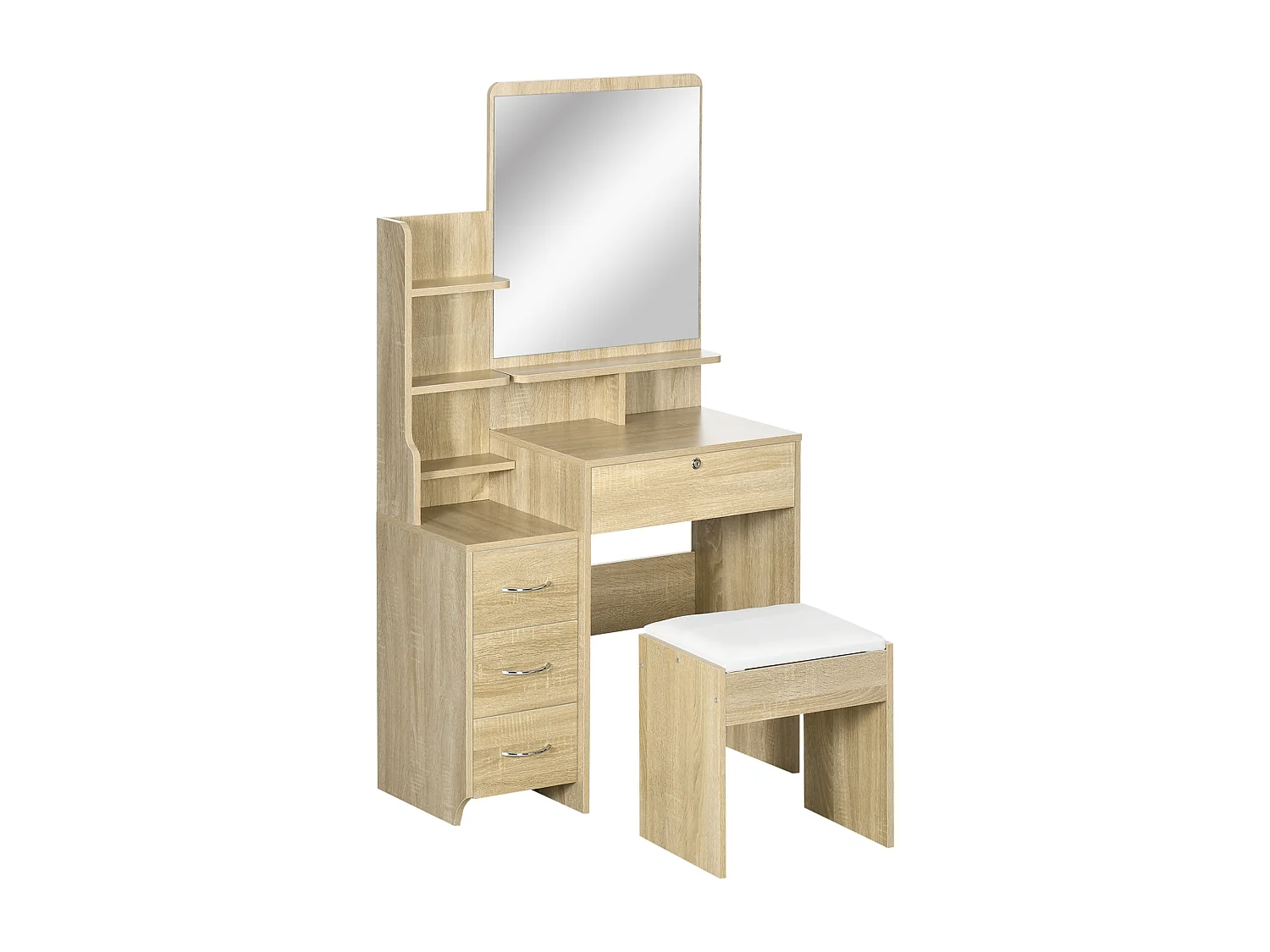 Ensemble coiffeuse tabouret design contemporain multi-rangement 4 tiroirs 4 étagères grand miroir aspect chêne clair blanc
