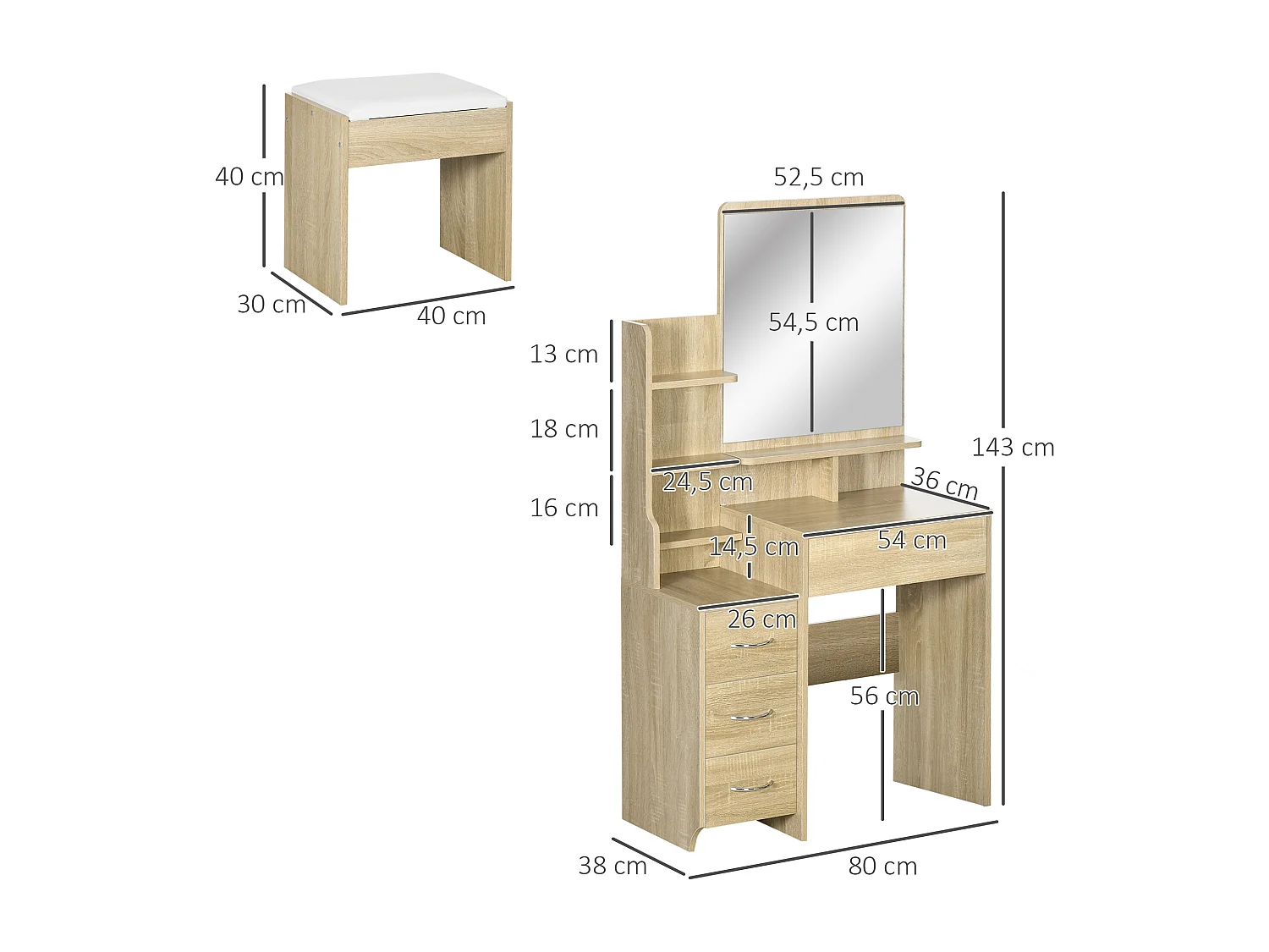 Ensemble coiffeuse tabouret design contemporain multi-rangement 4 tiroirs 4 étagères grand miroir aspect chêne clair blanc