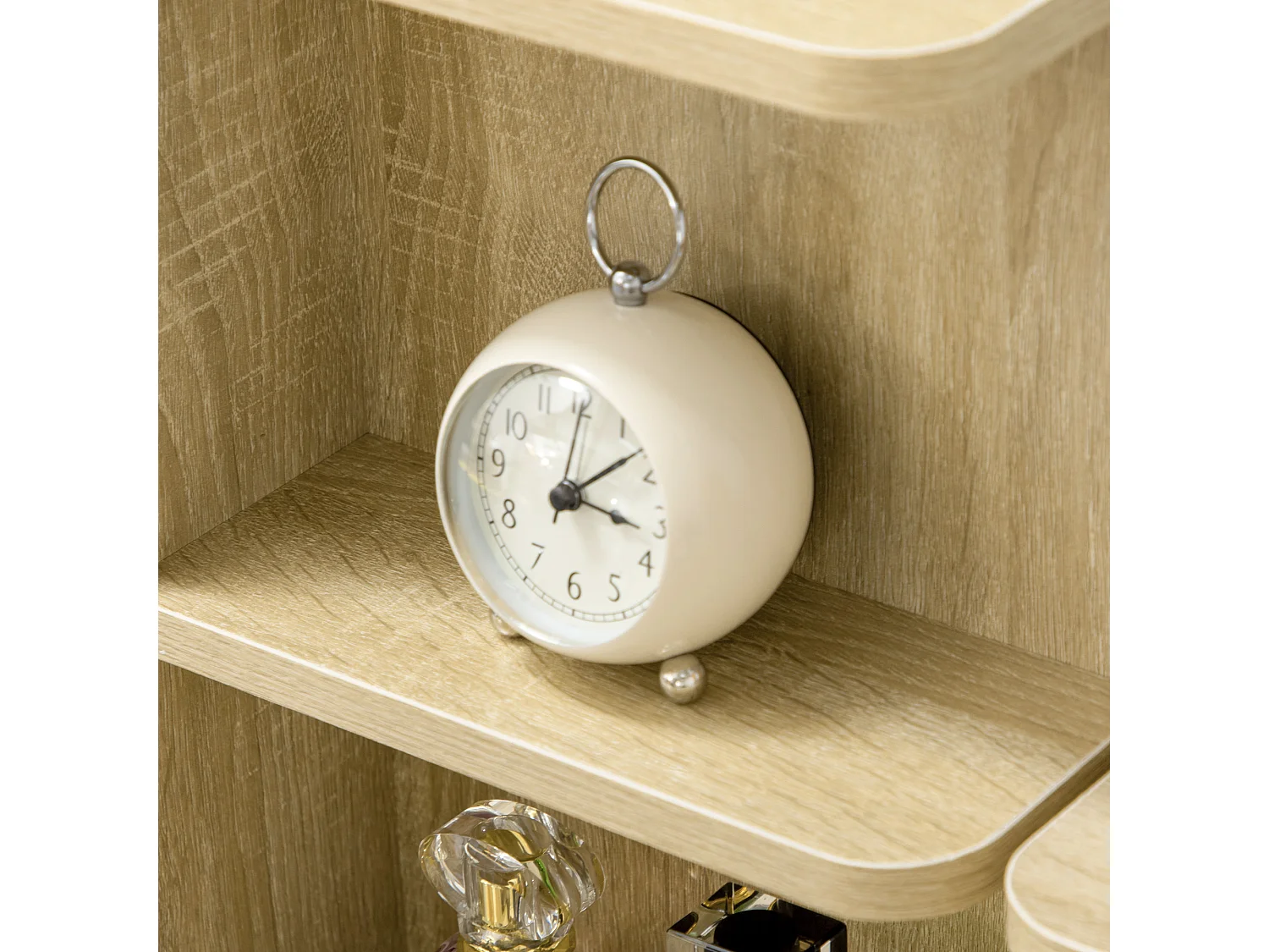 Ensemble coiffeuse tabouret design contemporain multi-rangement 4 tiroirs 4 étagères grand miroir aspect chêne clair blanc