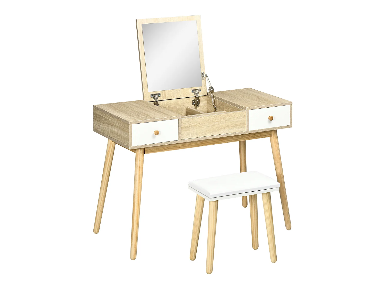 Coiffeuse avec tabouret style scandinave - 2 tiroirs, compartiment porte miroir -  panneaux aspect chêne clair blanc