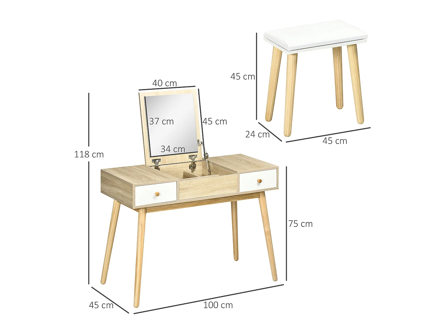 Coiffeuse avec tabouret style scandinave - 2 tiroirs, compartiment porte miroir -  panneaux aspect chêne clair blanc