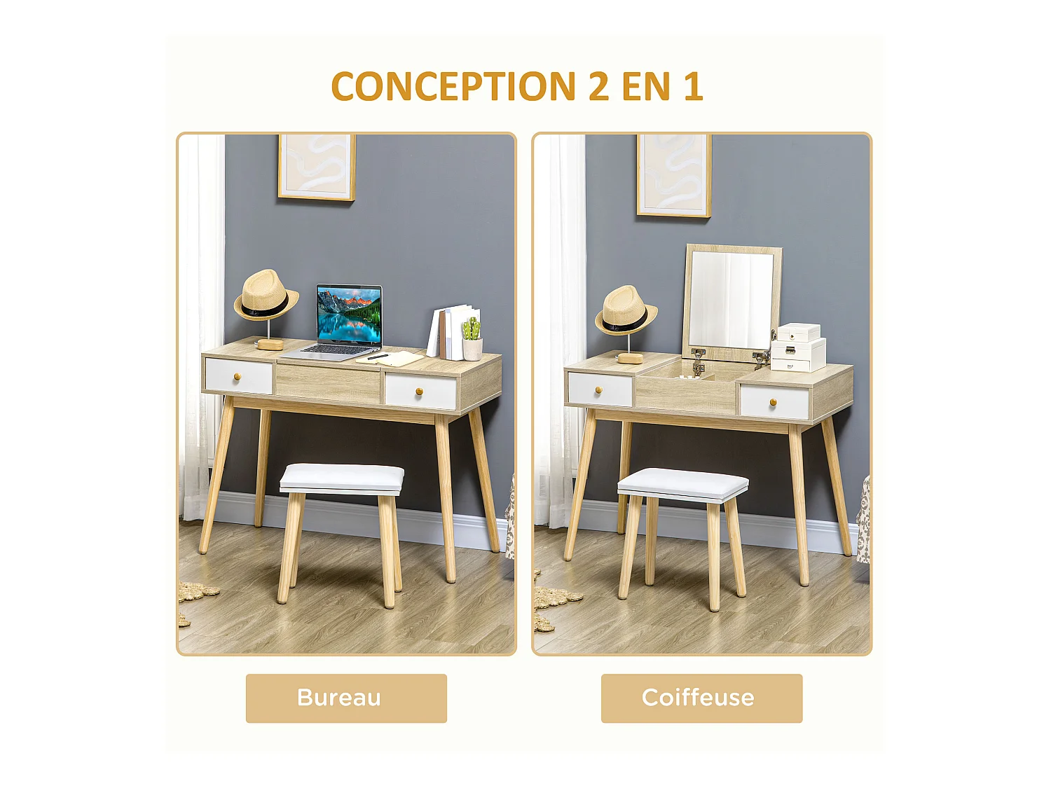 Coiffeuse avec tabouret style scandinave - 2 tiroirs, compartiment porte miroir -  panneaux aspect chêne clair blanc