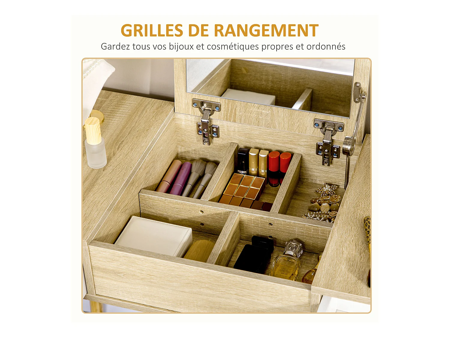 Coiffeuse avec tabouret style scandinave - 2 tiroirs, compartiment porte miroir -  panneaux aspect chêne clair blanc