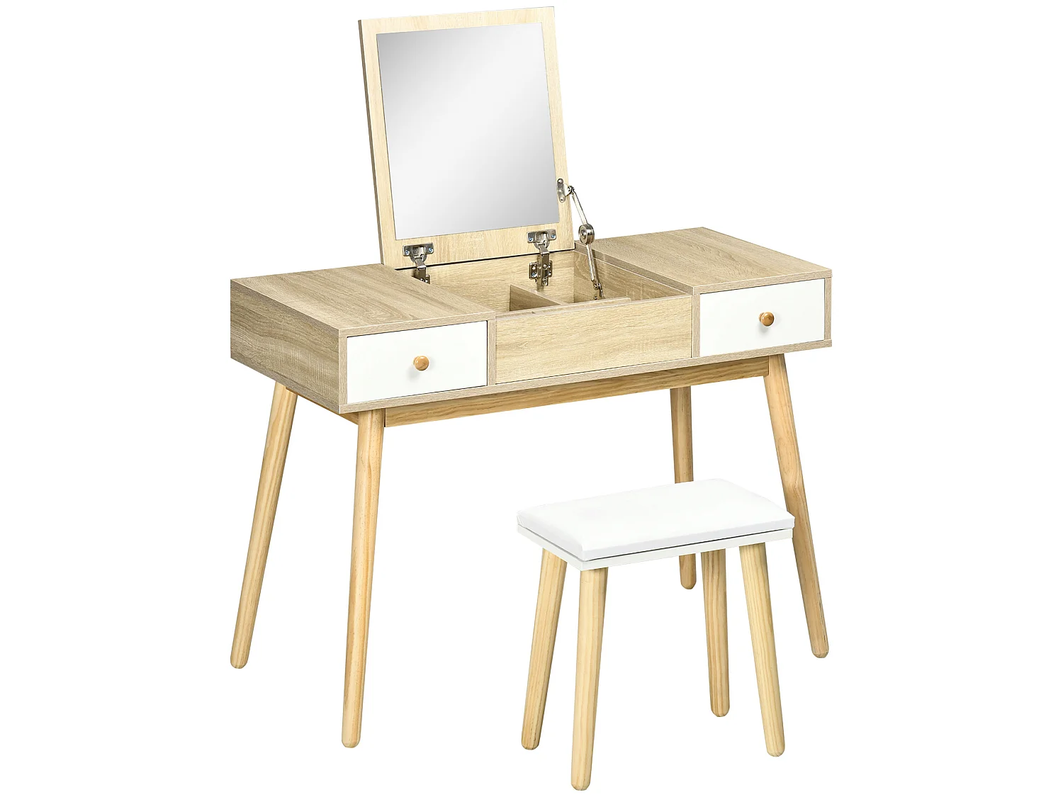 Coiffeuse avec tabouret style scandinave - 2 tiroirs, compartiment porte miroir -  panneaux aspect chêne clair blanc