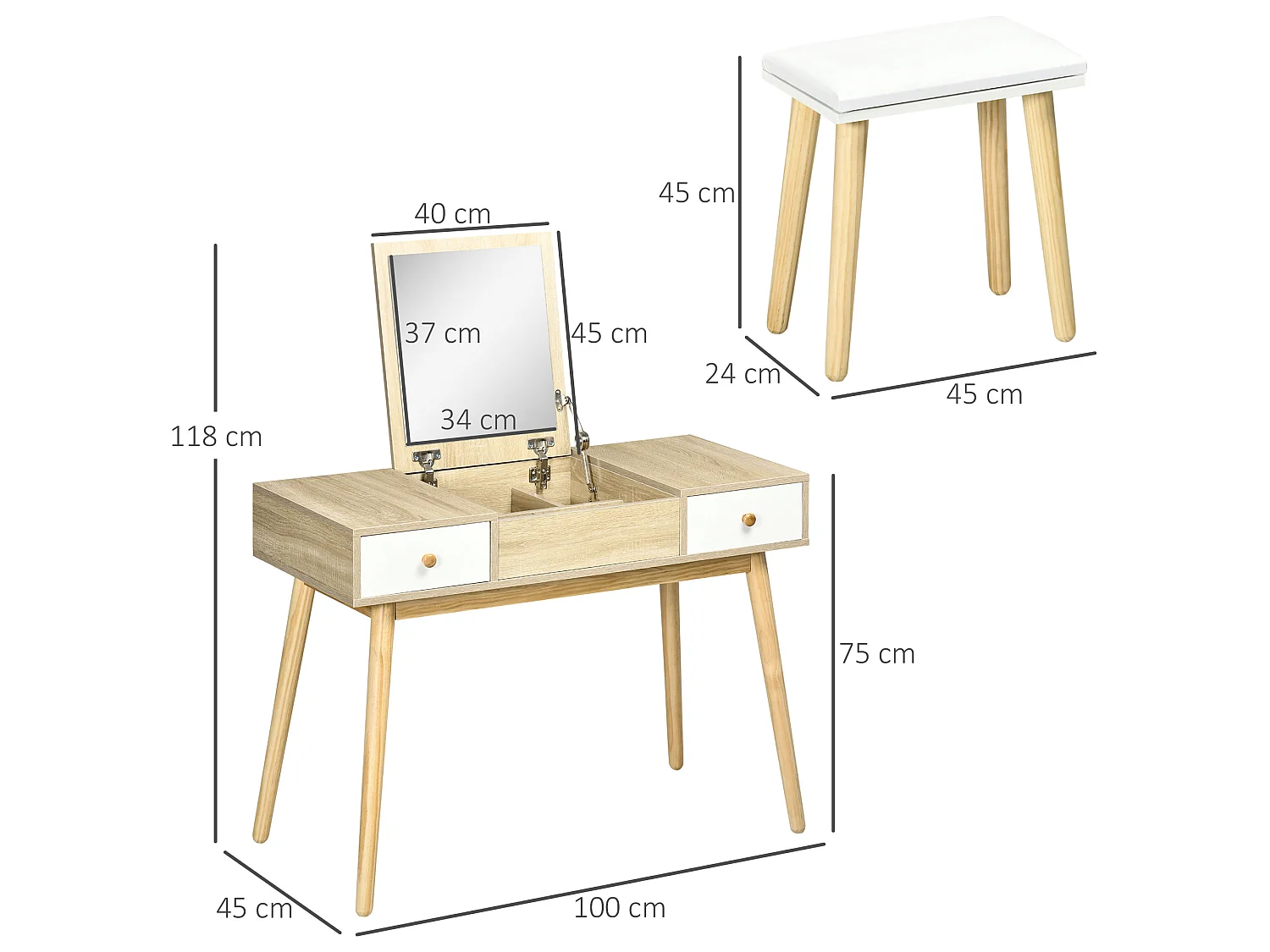 Coiffeuse avec tabouret style scandinave - 2 tiroirs, compartiment porte miroir -  panneaux aspect chêne clair blanc