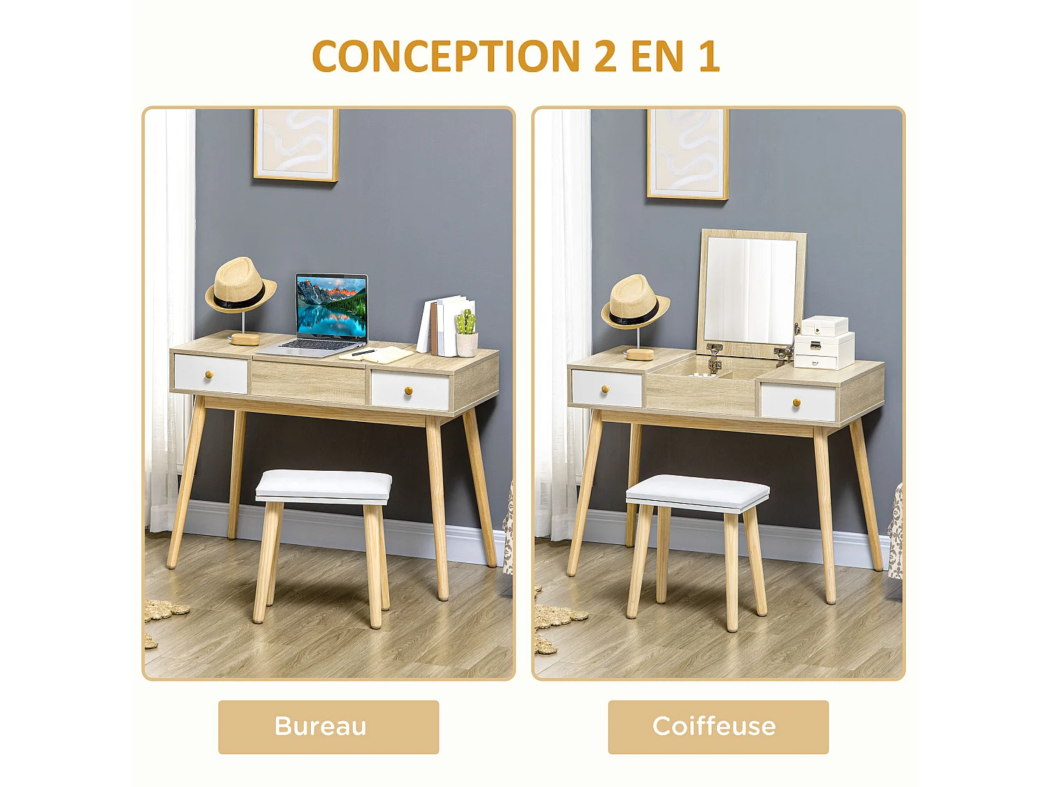 Coiffeuse avec tabouret style scandinave - 2 tiroirs, compartiment porte miroir -  panneaux aspect chêne clair blanc